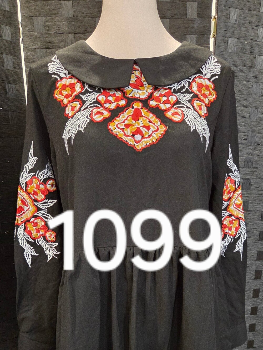 NWT Black Floral Embroidered Boho Long Sleeve Smock Mini Dress Small - Picture 15 of 15